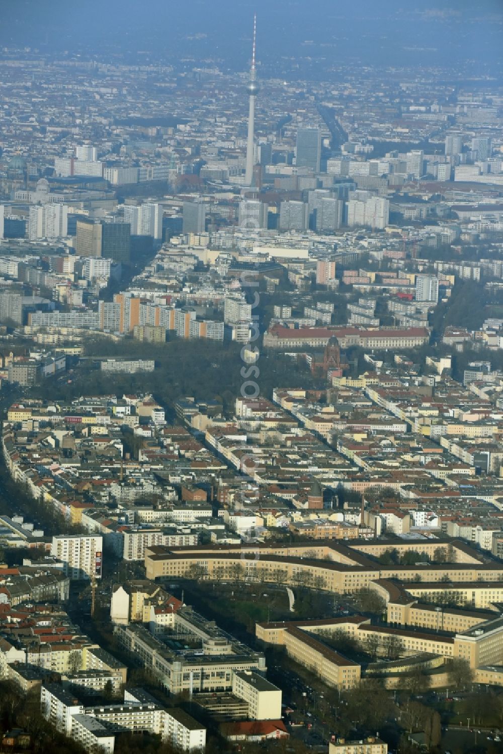 Berlin from the bird's eye view: Ensemble space Platz der Luftbruecke am Clumbiadamm - Tempelhofer Damm in the inner city center in Berlin in Germany