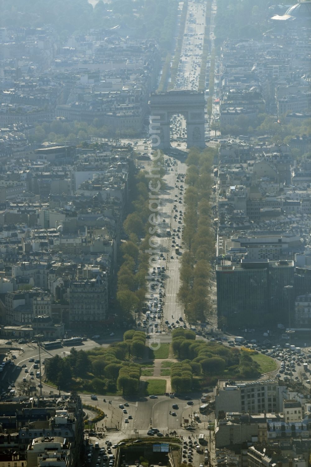 Aerial image Paris - Place de la Porte Maillot square and Arc de Triomph in Paris in Ile-de-France, France. The square is located on the famous street course Axe historique