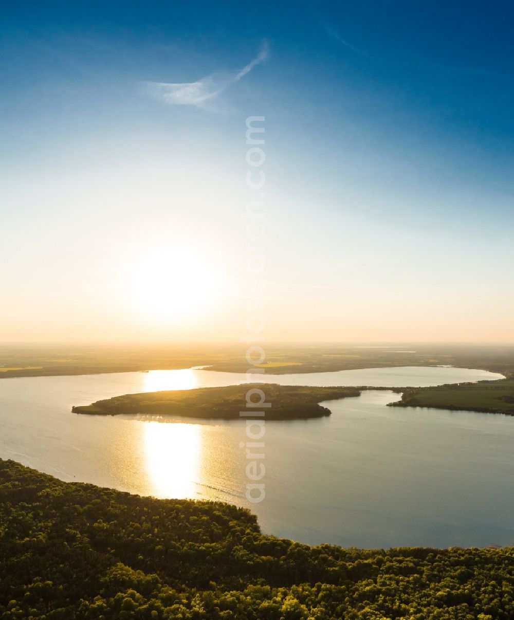 Malchow from above - View of the lake Plauer See in the evening sun near Malchow in the state Mecklenburg-West Pomerania