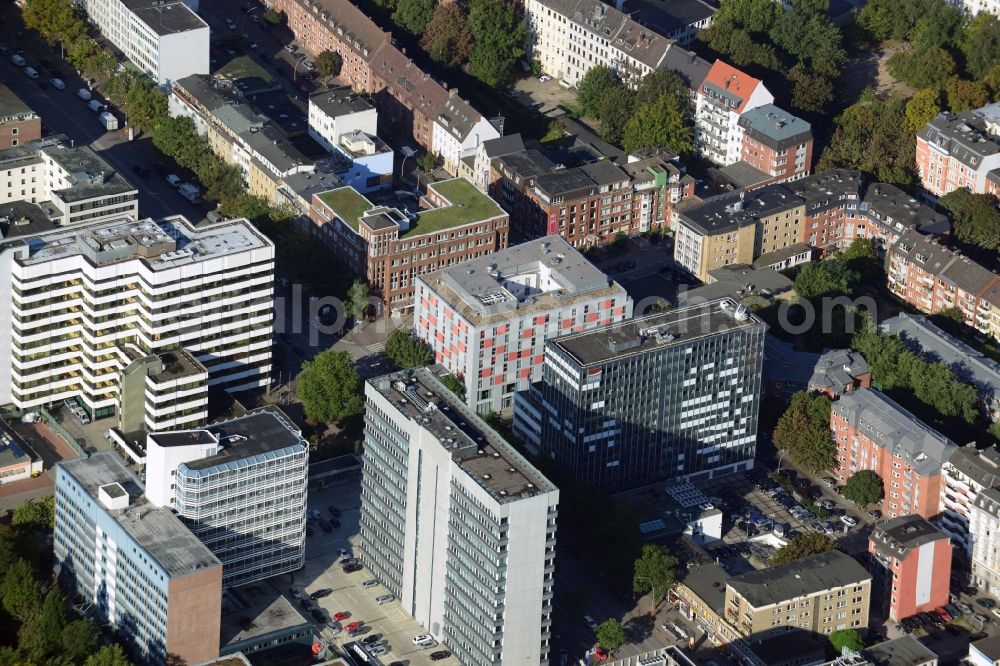 Hamburg from above - Police station, Islamic Community Center Hamburg mosque e.V., office building of EOS Holding GmbH and other office buildings in the district of St. Georg in Hamburg