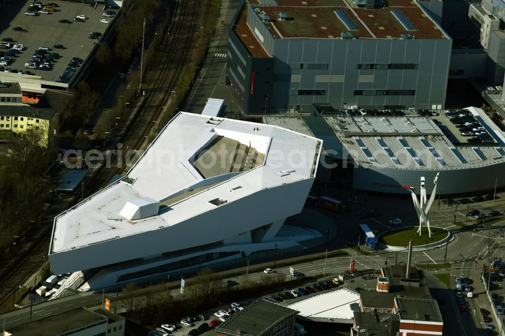 Stuttgart from the bird's eye view: Building of the Porsche Museum at Porscheplatz in the district of Zuffenhausen-Schuetzenbuehl in Stuttgart in the state Baden-Wurttemberg, Germany