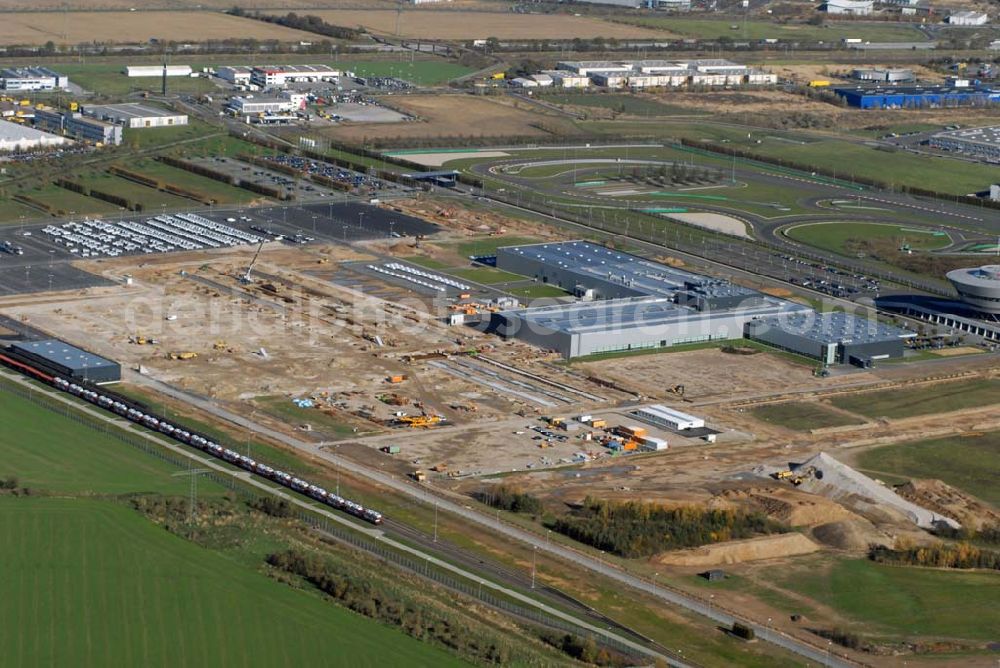 Aerial image Leipzig - Blick auf die Geländestrecken und Werkhallen des Porsche Werks Leipzig. Adresse: Porschestr. 1, 04158 Leipzig - Tel.: 0341/999 - 0 -