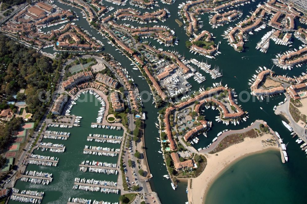 Grimaud from above - Port Grimaud-Marina - harbour area on the shore of Golfe de Saint-Tropez in Grimaud in Provence-Alpes-Cote d'Azur, France