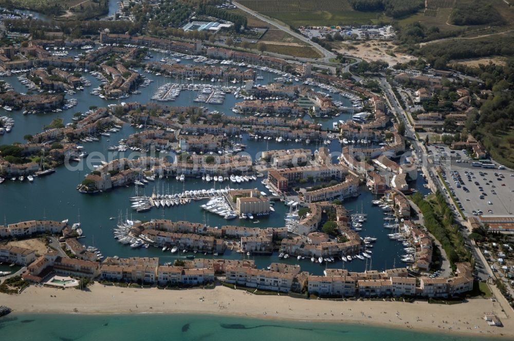 Grimaud from above - Port Grimaud-Marina - harbour area on the shore of Golfe de Saint-Tropez in Grimaud in Provence-Alpes-Cote d'Azur, France