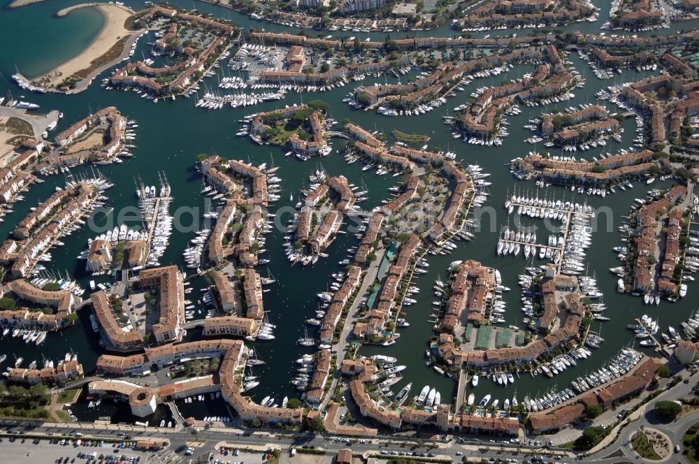 Grimaud from above - Port Grimaud-Marina - harbour area on the shore of Golfe de Saint-Tropez in Grimaud in Provence-Alpes-Cote d'Azur, France