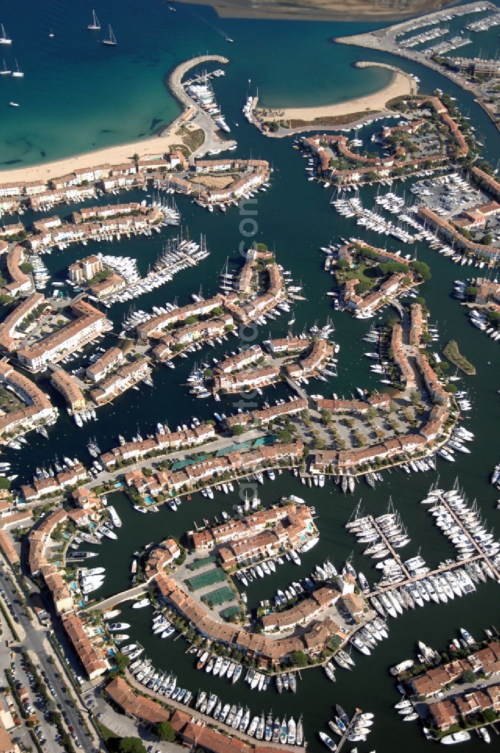 Aerial image Grimaud - Port Grimaud-Marina - harbour area on the shore of Golfe de Saint-Tropez in Grimaud in Provence-Alpes-Cote d'Azur, France