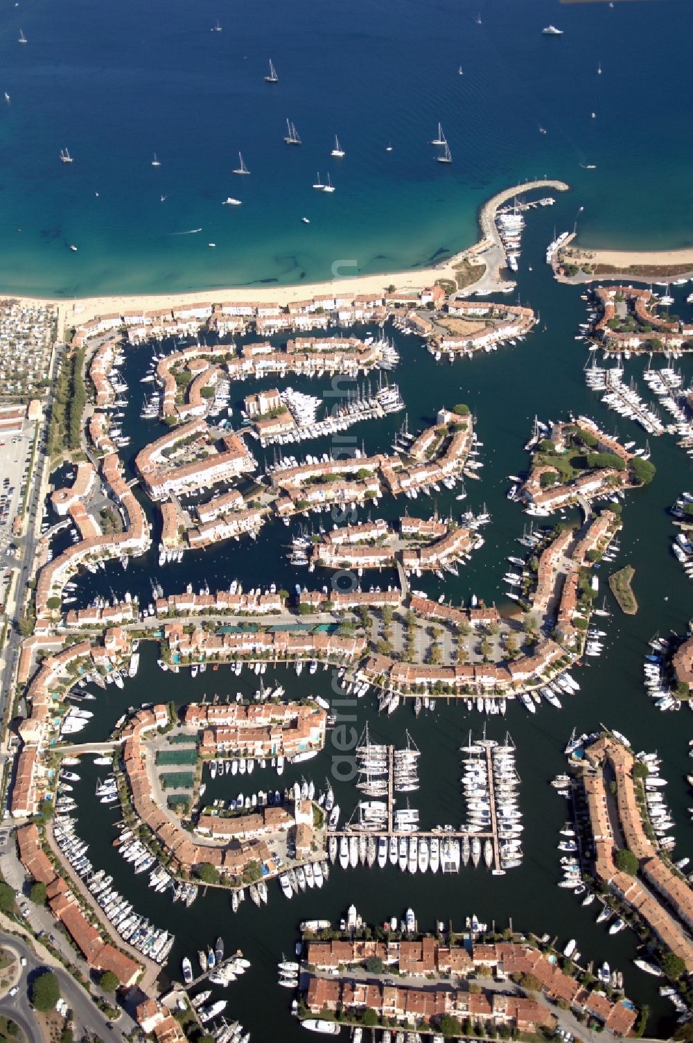 Grimaud from above - Port Grimaud-Marina - harbour area on the shore of Golfe de Saint-Tropez in Grimaud in Provence-Alpes-Cote d'Azur, France