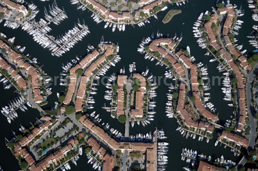 Aerial image Grimaud - Port Grimaud-Marina - harbour area on the shore of Golfe de Saint-Tropez in Grimaud in Provence-Alpes-Cote d'Azur, France