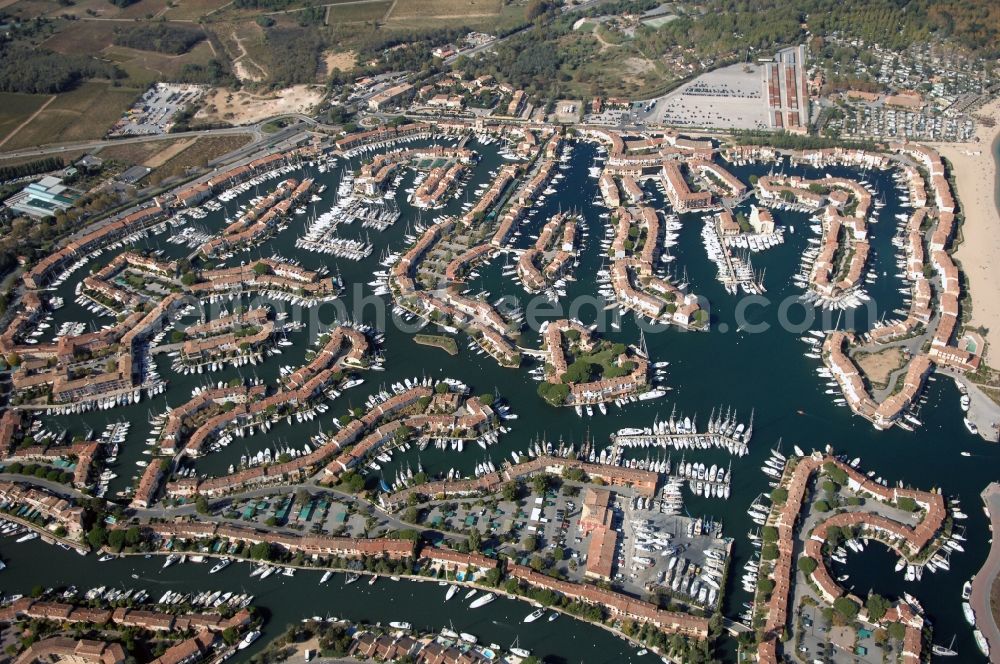 Aerial image Grimaud - Port Grimaud-Marina - harbour area on the shore of Golfe de Saint-Tropez in Grimaud in Provence-Alpes-Cote d'Azur, France