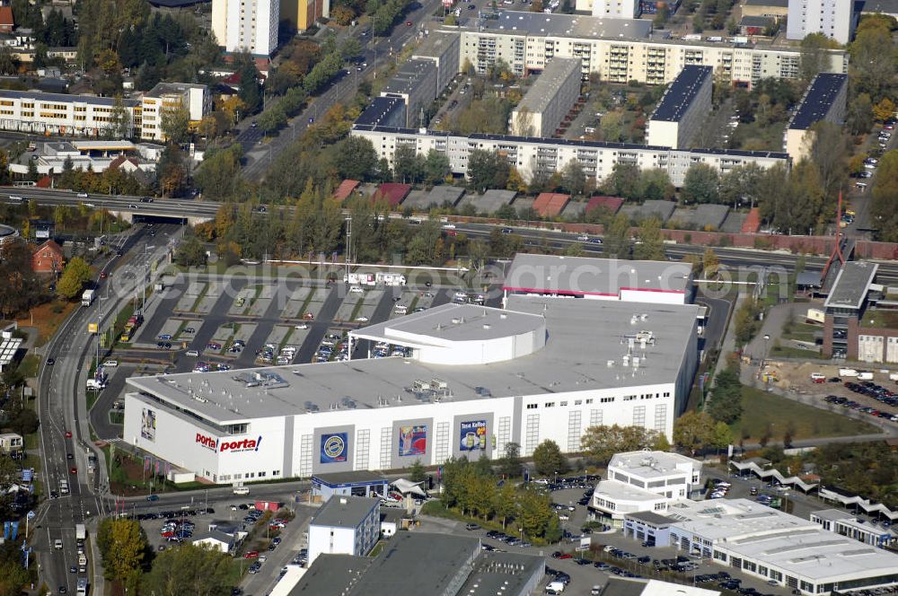 Aerial image Potsdam - Blick auf das Porta Möbelhaus in Potsdam Drewitz. Das neue Einrichtungshaus Porta, sowie der neue Discounter Möbel Boss eröffneten im August 2008. Mit 37.000qm ist es eines der größten Möbelhäuser Deutschlands, in dem 250 neue Arbeitsplätze geschaffen wurden. Kontakt: Porta Möbel, Zum Kirchsteigfeld 4, 14480 Potsdam, Tel. +49(0)34602 25400, Email: potsdam@porta.de