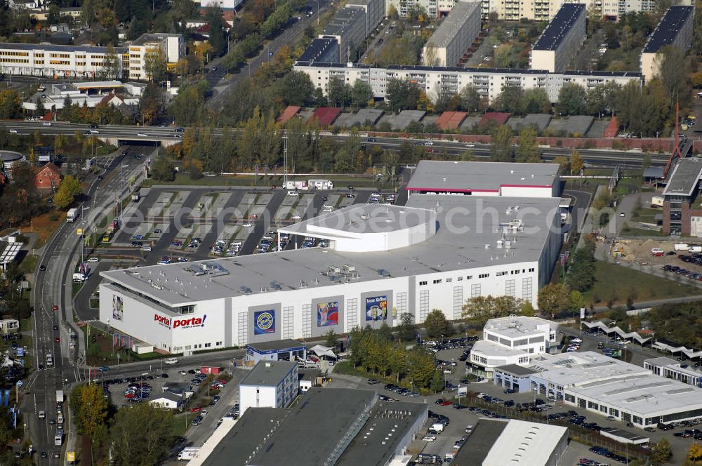 Aerial photograph Potsdam - Blick auf das Porta Möbelhaus in Potsdam Drewitz. Das neue Einrichtungshaus Porta, sowie der neue Discounter Möbel Boss eröffneten im August 2008. Mit 37.000qm ist es eines der größten Möbelhäuser Deutschlands, in dem 250 neue Arbeitsplätze geschaffen wurden. Kontakt: Porta Möbel, Zum Kirchsteigfeld 4, 14480 Potsdam, Tel. +49(0)34602 25400, Email: potsdam@porta.de