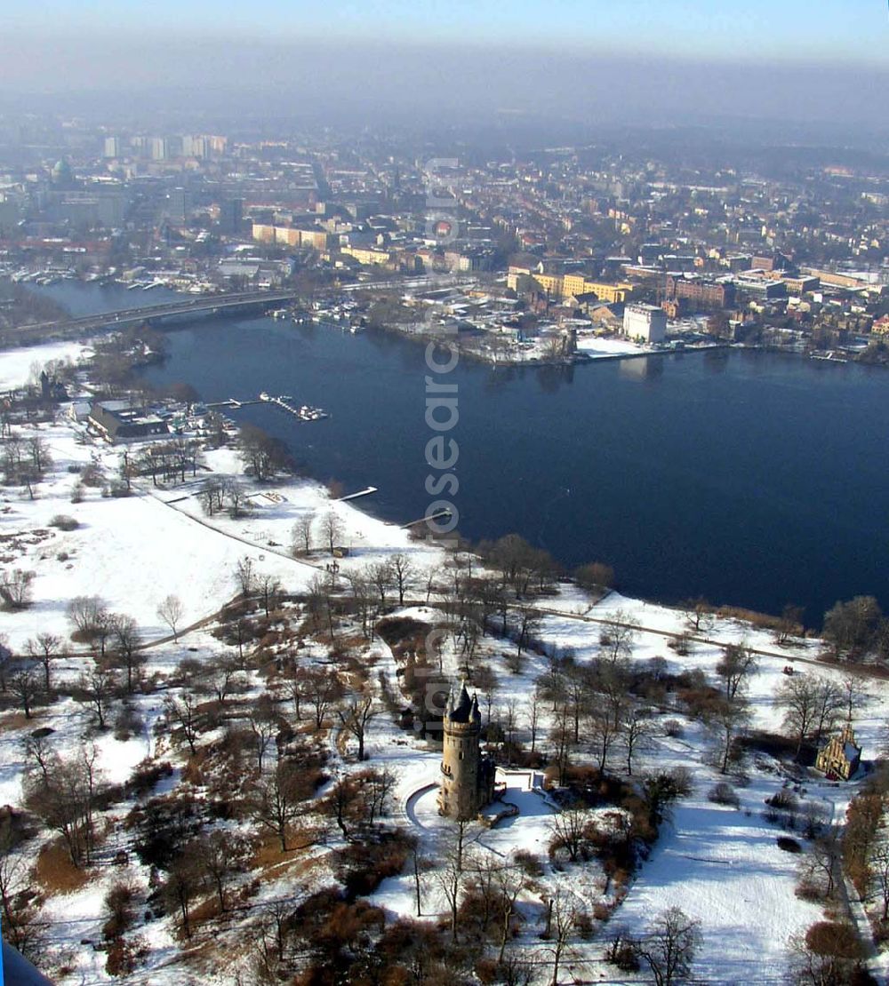 Potsdam/Brandenburg from above - Winterstimmung am Flatowturm im Babelsberger Park in Potsdam Pilot: Grahn