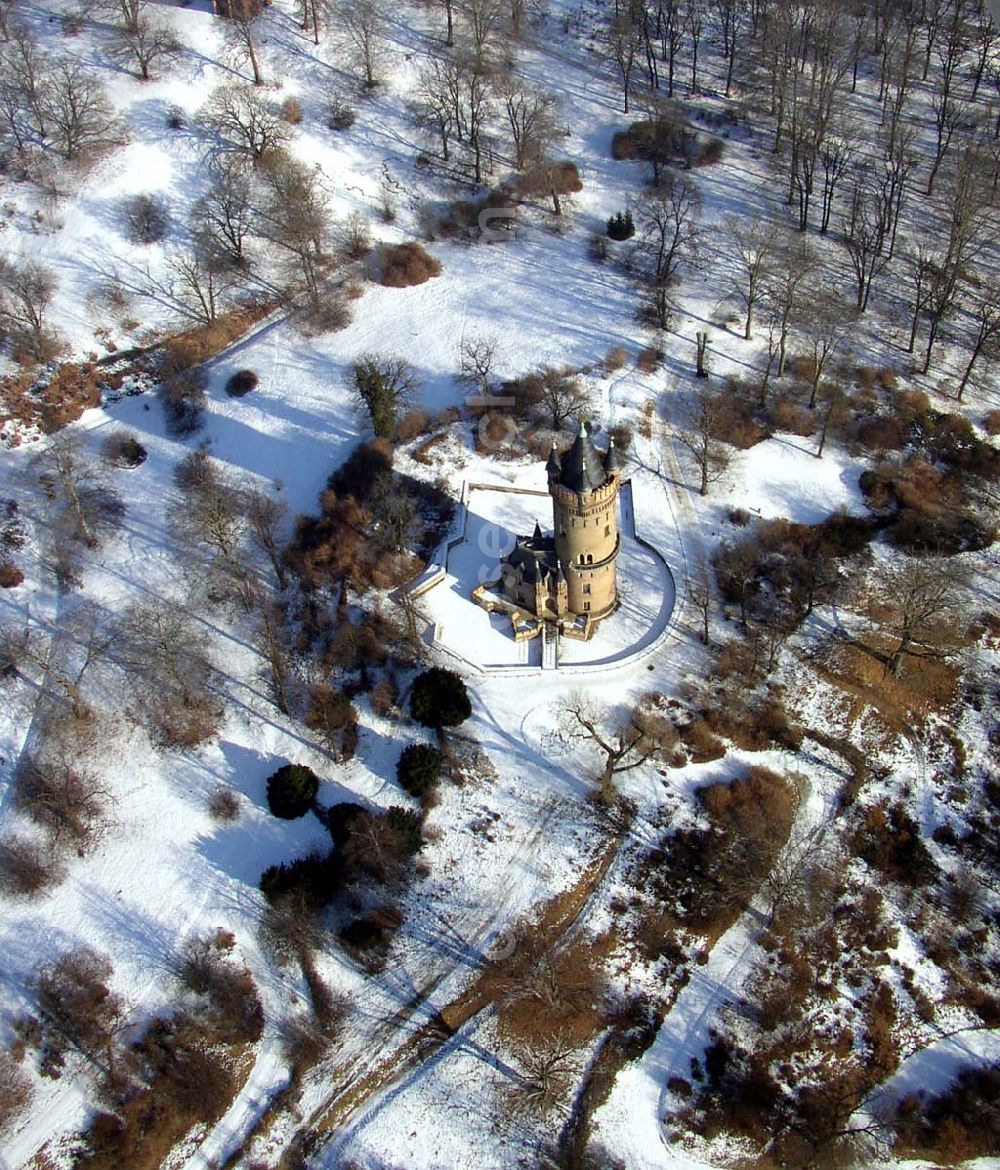 Potsdam/Brandenburg from the bird's eye view: Winterstimmung am Flatowturm im Babelsberger Park in Potsdam Pilot: Grahn