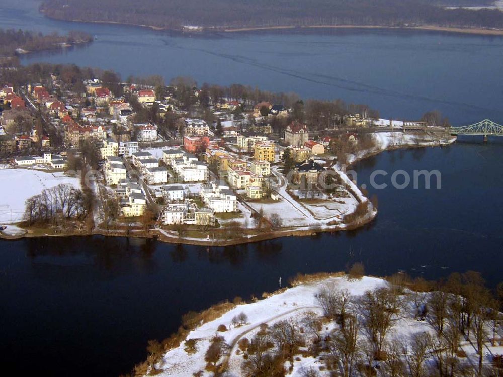 Aerial image Potsdam/Brandenburg - Winterstimmung am Glienicker Horn / Glienicker Brücke in Potsdam Pilot: Grahn