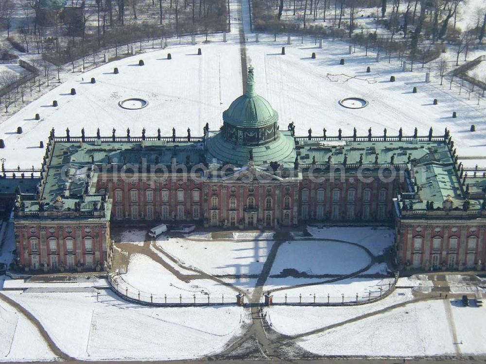 Aerial image Potsdam/Brandenburg - Winterstimmung am Neuen Palais in Potsdam Webmaster@Park-Sanssouci.de Pilot: Grahn