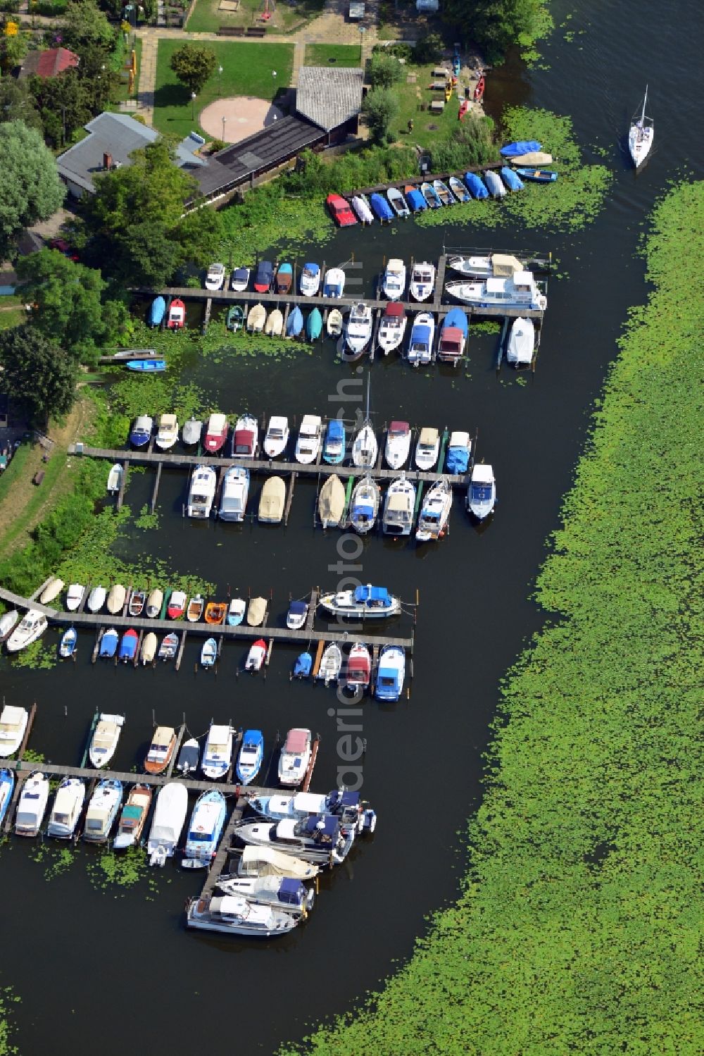 Aerial photograph Potsdam - Boats at the dock of the 1st Potsdamer Fishing Club on the Havel river in the state Brandenburg