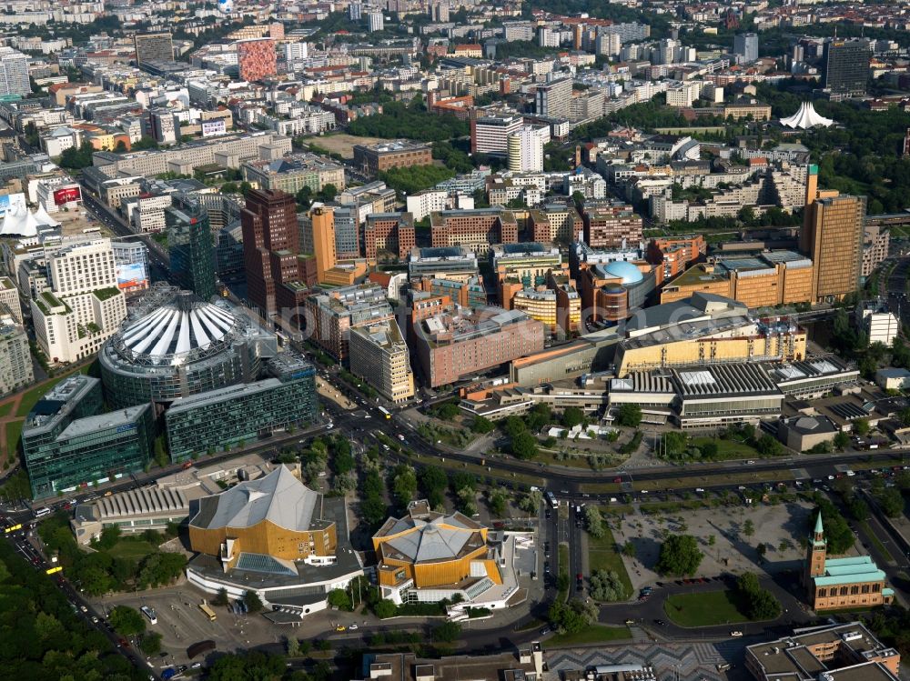 Aerial image Berlin - City partial view Potsdamer Platz in the district of Tiergarten in Berlin. Also pictured the building of the Sony Center and the residential and commercial building new buildings on the Potsdamer Platz