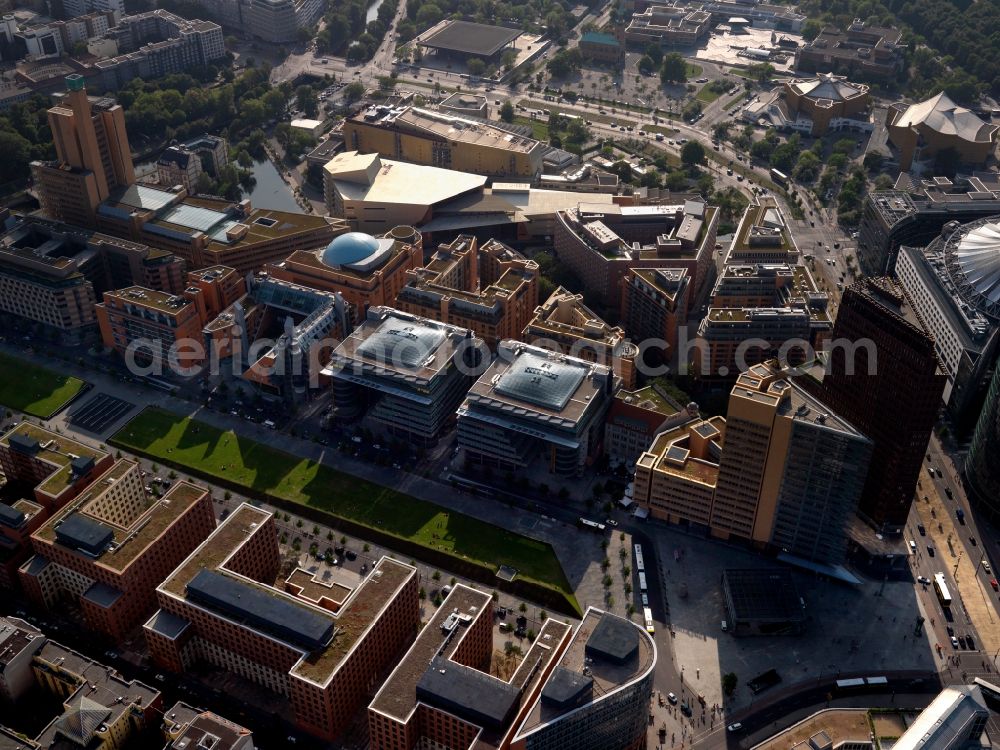 Aerial photograph Berlin - City partial view Potsdamer Platz in the district of Tiergarten in Berlin. Also pictured the building of the Sony Center and the residential and commercial building new buildings on the Potsdamer Platz