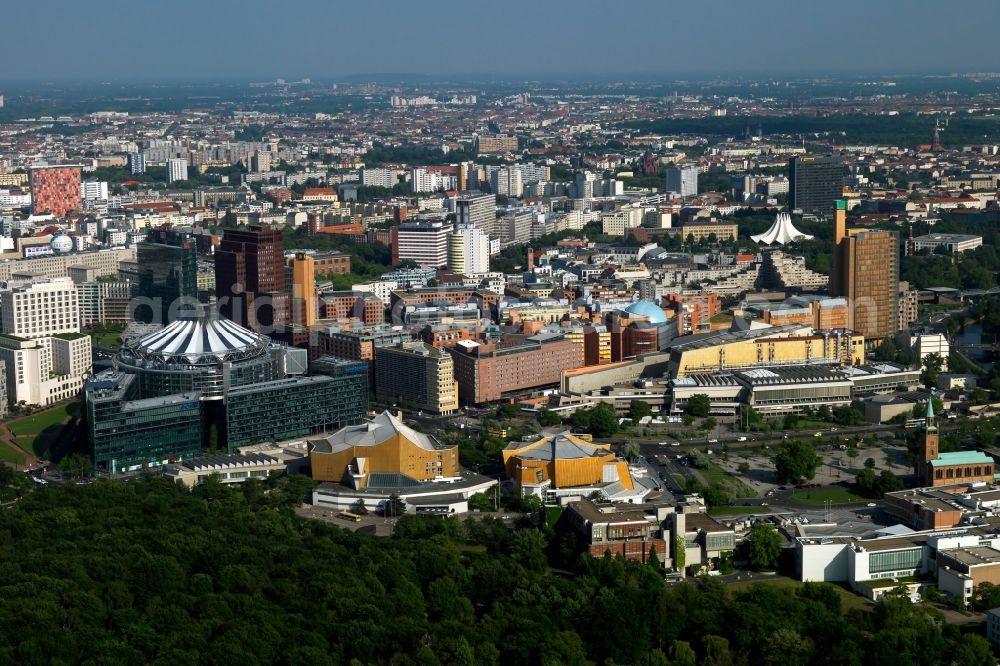 Berlin from above - City partial view Potsdamer Platz in the district of Tiergarten in Berlin. Also pictured the building of the Sony Center and the residential and commercial building new buildings on the Potsdamer Platz