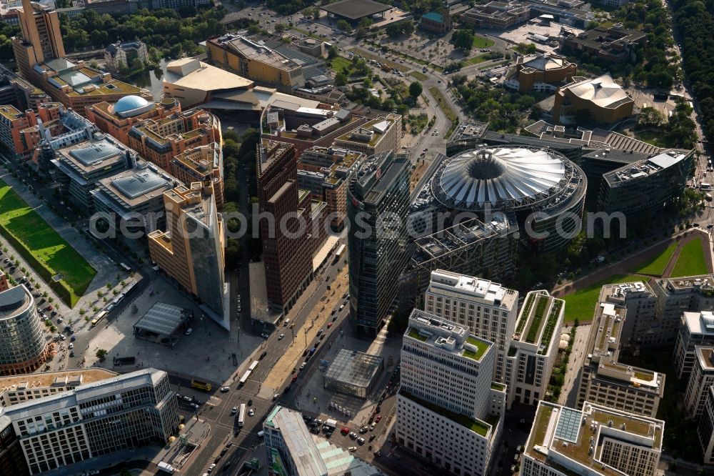 Aerial photograph Berlin - City partial view Potsdamer Platz in the district of Tiergarten in Berlin. Also pictured the building of the Sony Center and the residential and commercial building new buildings on the Potsdamer Platz