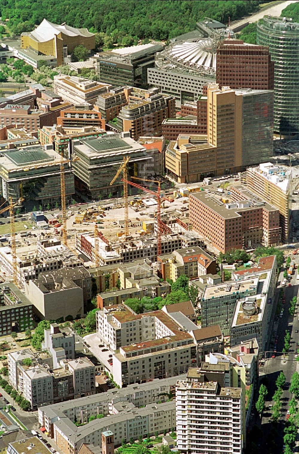 Berlin from the bird's eye view: Ensemble space Potsdamer Platz in the inner city center in Berlin