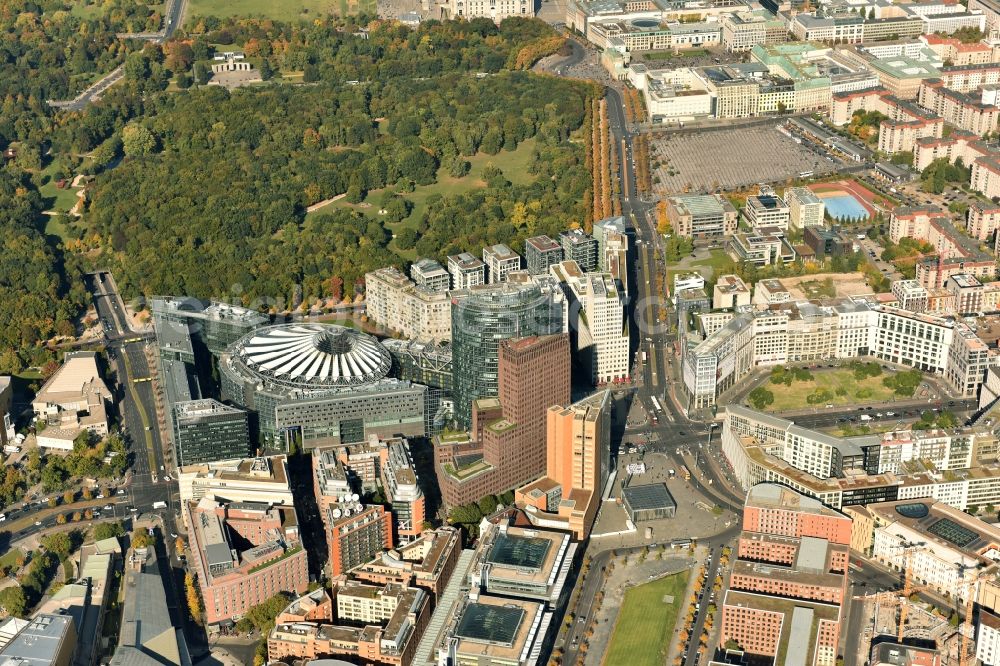 Berlin from above - Ensemble space Potsdamer Platz with the Berlin State Library in Potsdamer Strasse in the inner city center in Berlin in Germany