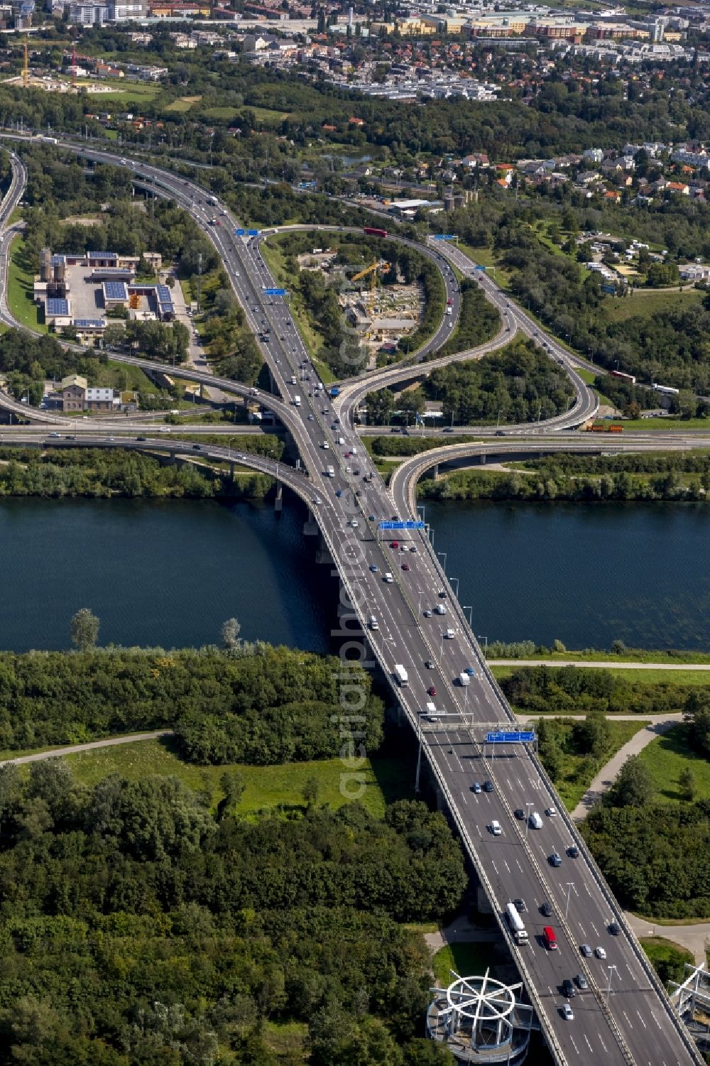 Wien from above - The Prater bridge over the Danube in Vienna in Austria, on which the Suedosttangente runs