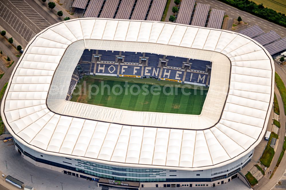 Sinsheim from above - Sports facility area of the stadium PreZero Arena (formerly WIRSOL or Rhein-Neckar-Arena) on Dietmar-Hopp-Strasse in Sinsheim in the state of Baden-Wuerttemberg