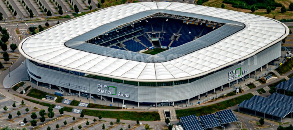 Sinsheim from the bird's eye view: Sports facility area of the stadium PreZero Arena (formerly WIRSOL or Rhein-Neckar-Arena) on Dietmar-Hopp-Strasse in Sinsheim in the state of Baden-Wuerttemberg