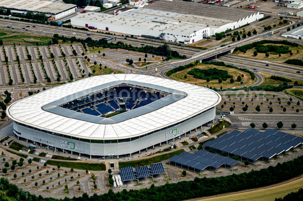 Aerial image Sinsheim - Sports facility area of the stadium PreZero Arena (formerly WIRSOL or Rhein-Neckar-Arena) on Dietmar-Hopp-Strasse in Sinsheim in the state of Baden-Wuerttemberg