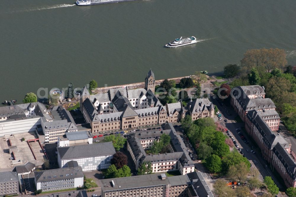 Koblenz from above - Prussian government building on the riverside of the Rhine in Koblenz in Rhineland-Palatinate. It is part of the UNESCO World Heritage List