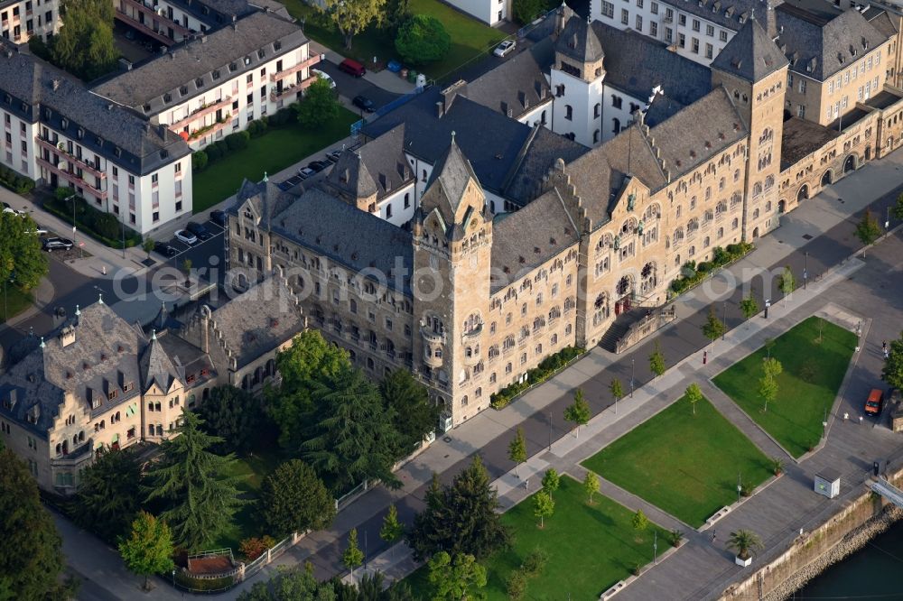 Koblenz from above - View of the Prussian Government Building in Coblenz in the state Rhineland-Palatinate. This building was the office of the prussian government for the administrative district Coblenz. Today the Federal Office for Defence Technology and Prourement is housed in the main building