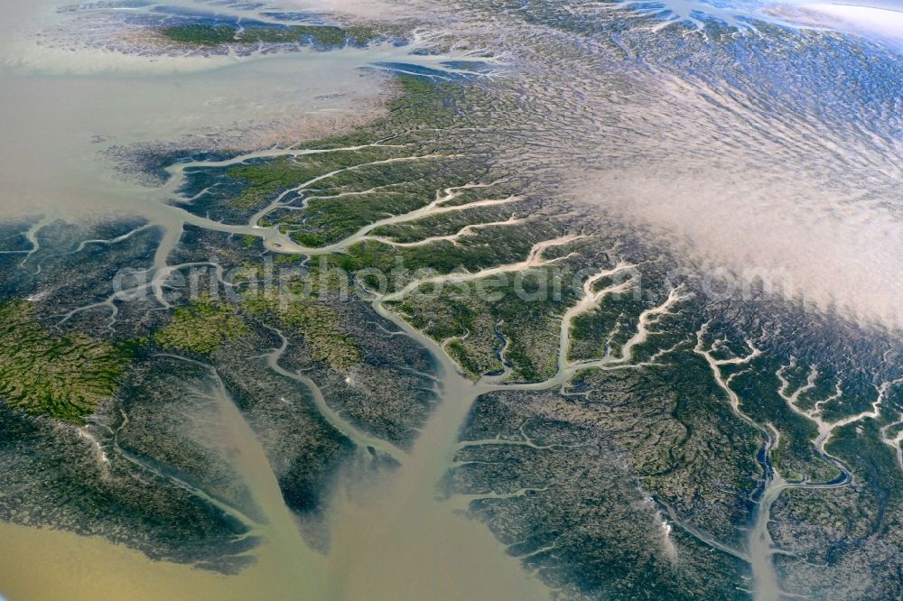 Aerial image Reußenköge - Formation of tides in the Wadden Sea landscape of North Sea in Reussenkoege in the state Schleswig-Holstein, Germany