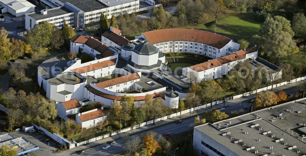 Aerial photograph Augsburg - Der Gebäudekomplex des Priesterseminars Sankt Hieronymus der Diözese Augsburg. Die Einweihung des von Alexan der Freiherr von Branca entworfenen Gebäudes fand 1987 durch den damaligen Papst Johannes Paul II. statt. The building of the Seminary Saint Jerome of the Diocese Augsburg.