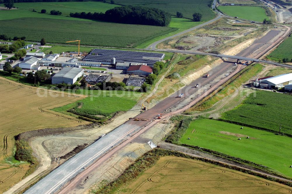 Aerial image Hastrungsfeld - Blick auf die Baustelle der A4 und der Strassenbrücke zwischen Hastrungsfeld und Burla. Der Neubau ist Teil des Projekt Nordverlegung / Umfahrung Hörselberge der Autobahn E40 / A4 in Thüringen bei Eisenach. Durchgeführt werden die im Zuge dieses Projektes notwendigen Arbeiten unter an derem von den Mitarbeitern der Niederlassung Weimar der EUROVIA Verkehrsbau Union sowie der Niederlassungen Abbruch und Erdbau, Betonstraßenbau, Ingenieurbau und TECO Schallschutz der EUROVIA Beton sowie der DEGES.