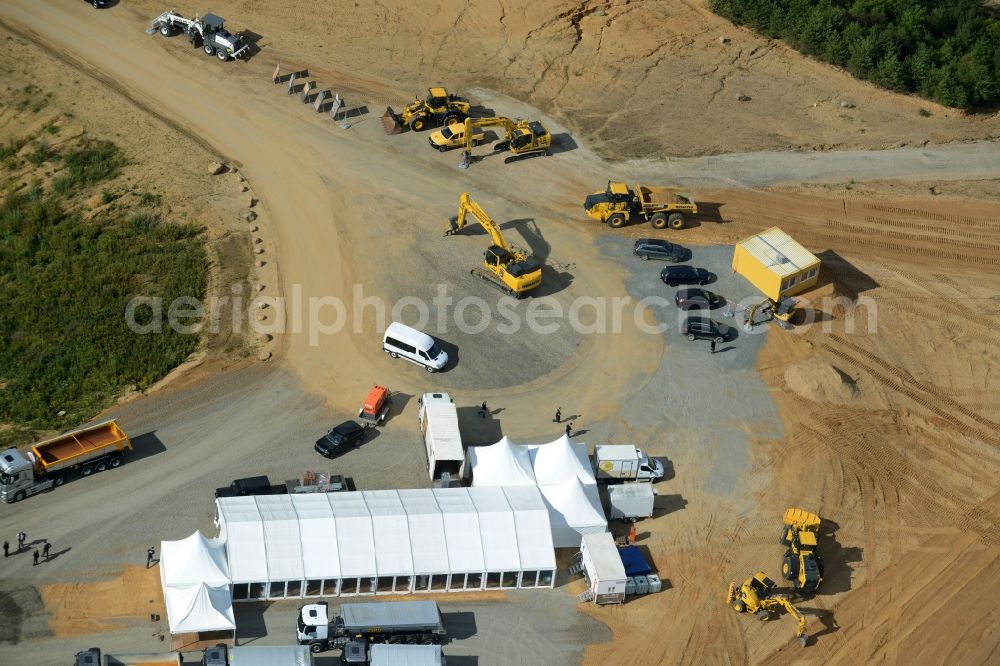 Wedemark from above - Promotion and advertising event for Mercedes-Benz commercial vehicles on white tent camp on the gravel pit in Wedemark in the state Lower Saxony