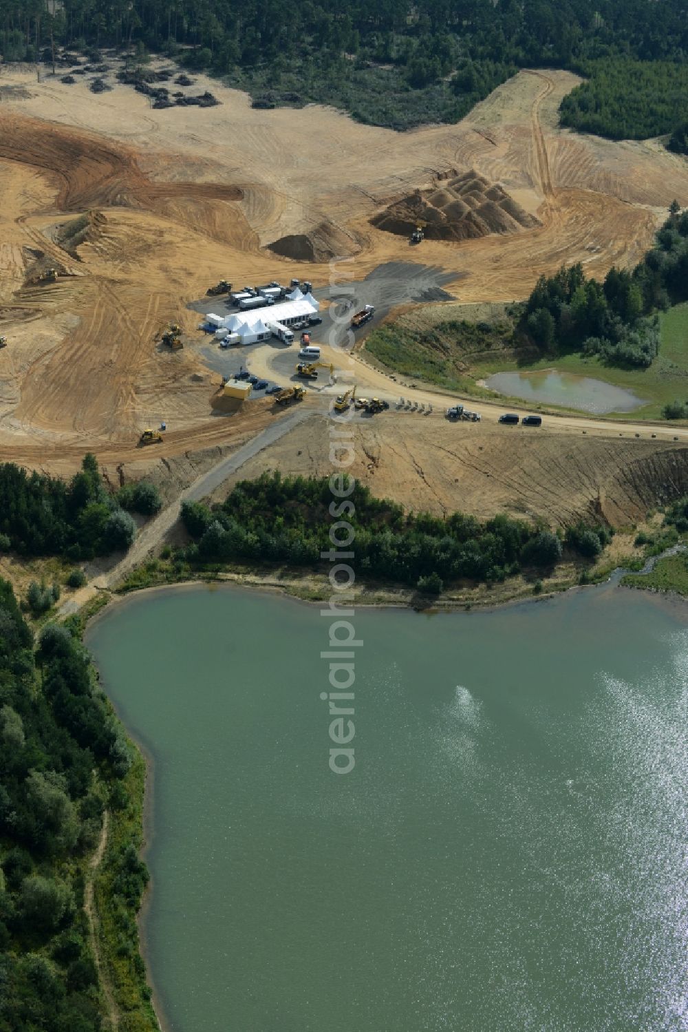 Aerial image Wedemark - Promotion and advertising event for Mercedes-Benz commercial vehicles on white tent camp on the gravel pit in Wedemark in the state Lower Saxony