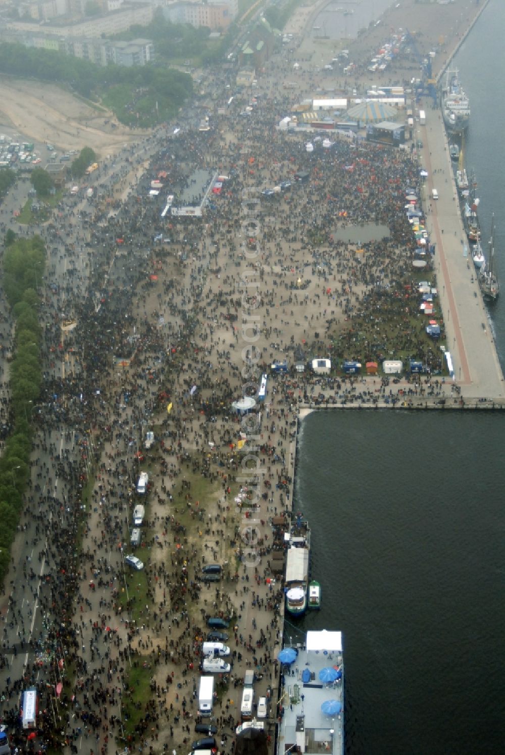 Rostock from above - Protest demonstration for the G8 summit on boat moorings at the port of the inland port Rostocker Stadthafen in the district Mitte in Rostock in the state Mecklenburg - Western Pomerania, Germany