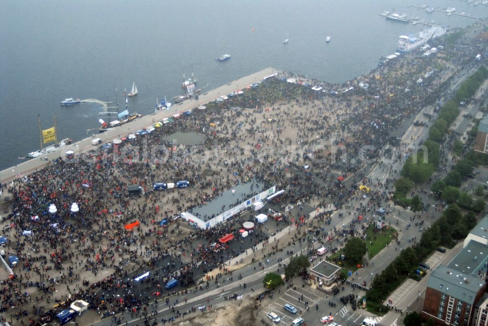 Rostock from above - Protest demonstration for the G8 summit on boat moorings at the port of the inland port Rostocker Stadthafen in the district Mitte in Rostock in the state Mecklenburg - Western Pomerania, Germany