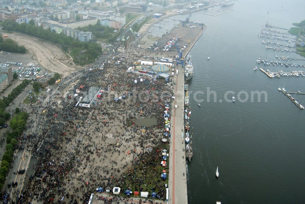 Rostock from above - Protest demonstration for the G8 summit on boat moorings at the port of the inland port Rostocker Stadthafen in the district Mitte in Rostock in the state Mecklenburg - Western Pomerania, Germany