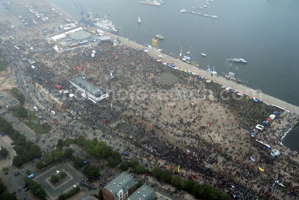 Rostock from above - Protest demonstration for the G8 summit on boat moorings at the port of the inland port Rostocker Stadthafen in the district Mitte in Rostock in the state Mecklenburg - Western Pomerania, Germany