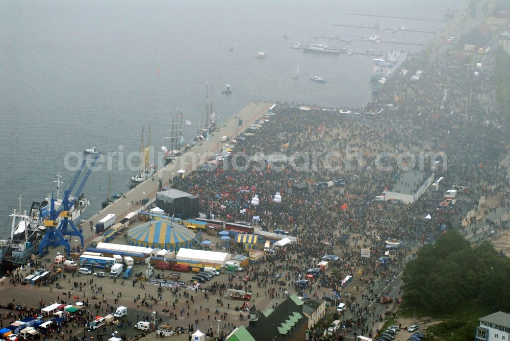 Rostock from above - Protest demonstration for the G8 summit on boat moorings at the port of the inland port Rostocker Stadthafen in the district Mitte in Rostock in the state Mecklenburg - Western Pomerania, Germany