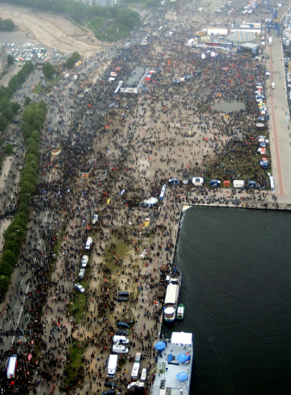 Rostock from above - Protest demonstration for the G8 summit on boat moorings at the port of the inland port Rostocker Stadthafen in the district Mitte in Rostock in the state Mecklenburg - Western Pomerania, Germany