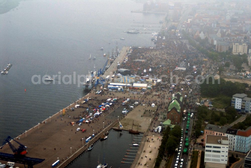 Aerial image Rostock - Protest demonstration for the G8 summit on boat moorings at the port of the inland port Rostocker Stadthafen in the district Mitte in Rostock in the state Mecklenburg - Western Pomerania, Germany