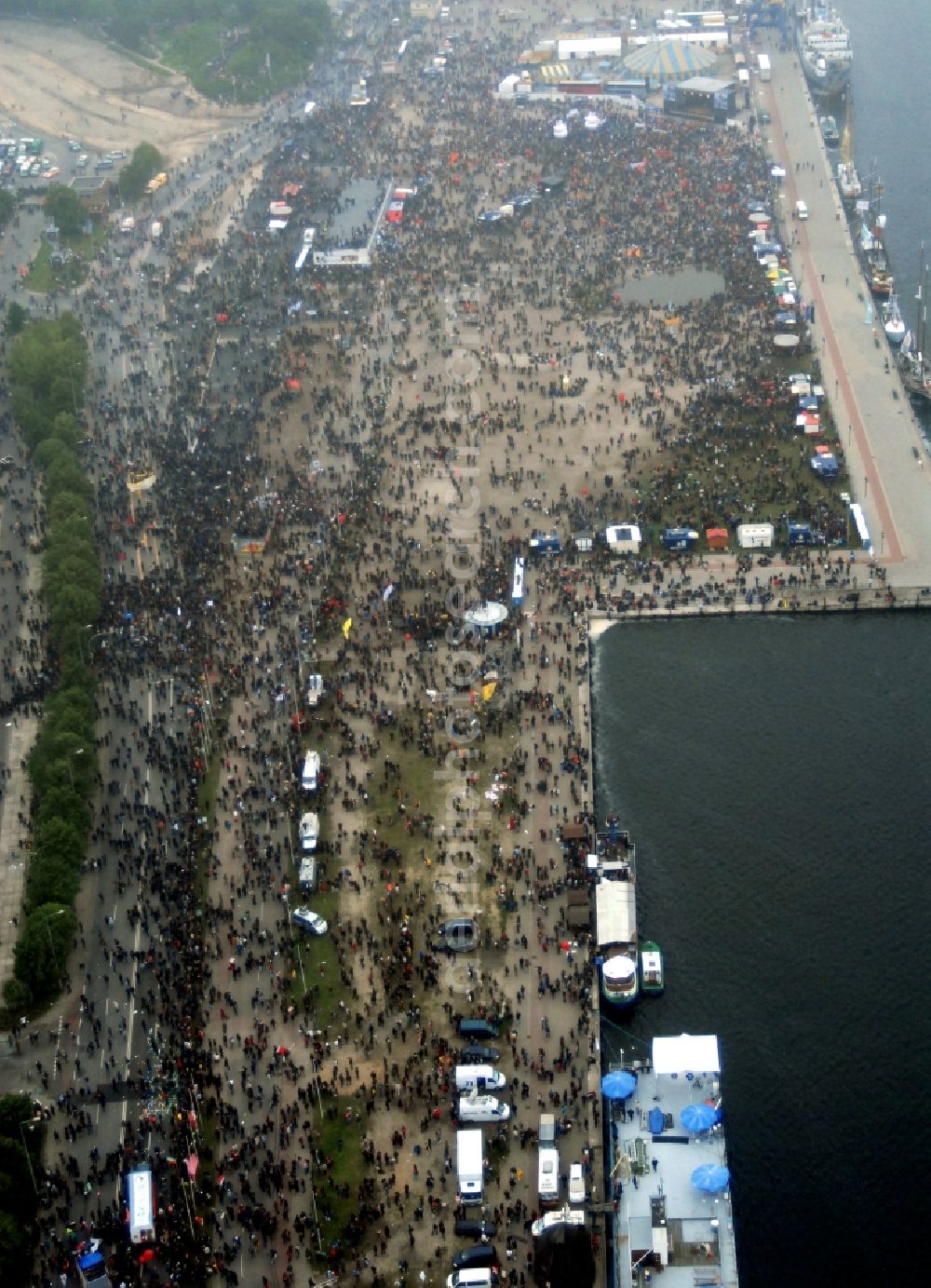 Rostock from above - Protest demonstration for the G8 summit on boat moorings at the port of the inland port Rostocker Stadthafen in the district Mitte in Rostock in the state Mecklenburg - Western Pomerania, Germany