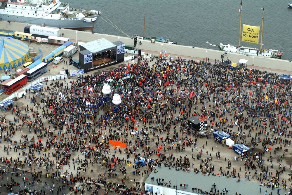 Rostock from above - Protest demonstration for the G8 summit on boat moorings at the port of the inland port Rostocker Stadthafen in the district Mitte in Rostock in the state Mecklenburg - Western Pomerania, Germany