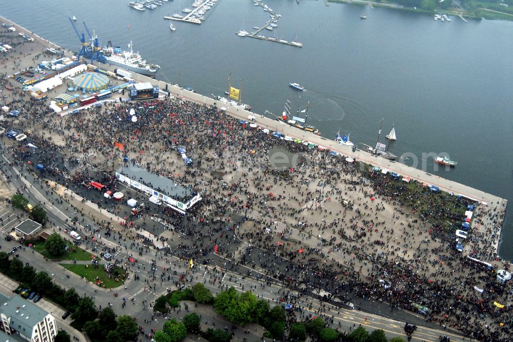 Rostock from above - Protest demonstration for the G8 summit on boat moorings at the port of the inland port Rostocker Stadthafen in the district Mitte in Rostock in the state Mecklenburg - Western Pomerania, Germany