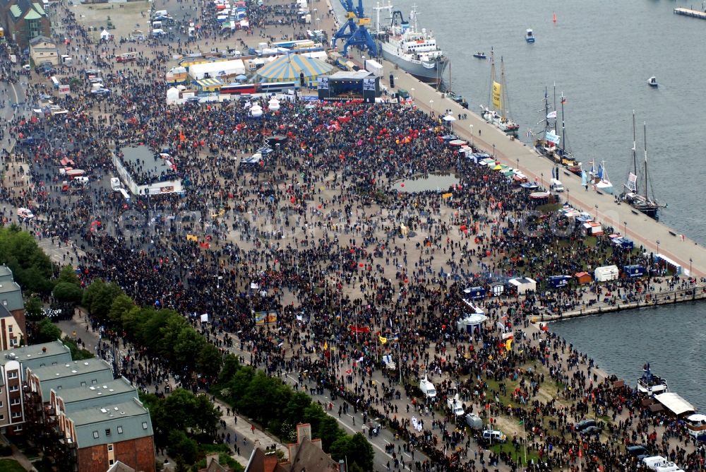 Rostock from above - Protest demonstration for the G8 summit on boat moorings at the port of the inland port Rostocker Stadthafen in the district Mitte in Rostock in the state Mecklenburg - Western Pomerania, Germany