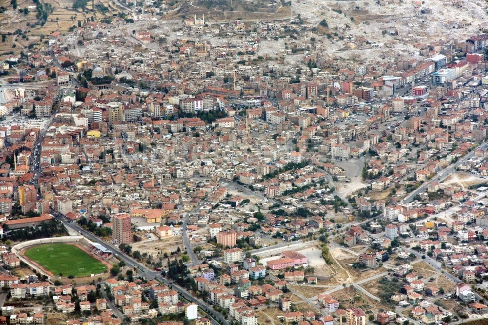 Neveshir from the bird's eye view: View at the provincial capital Nevsehir of the province / Il Nevsehir in Turkey / Türkiye. Nevsehir means New Town and is located in the central Anatolian landscape of Cappadocia