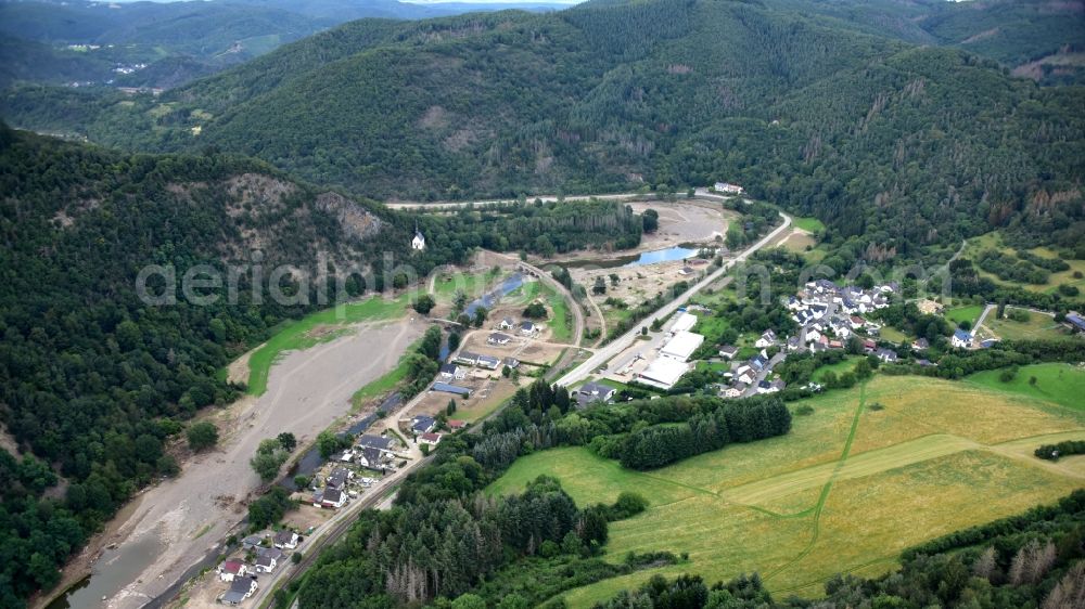 Aerial image Ahrbrück - Puetzfeld after the flood disaster in the Ahr valley this year in the state Rhineland-Palatinate, Germany